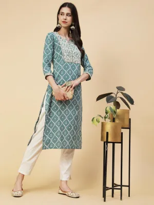 Abstract Printed Resham Dori & Zari Embroidered Kurta With Striped Pants - Green