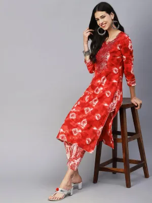 Abstract Tie-Dye Texture Printed Mirror & Resham Embroidered Kurta With Pants - Red