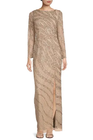 Aidan Mattox Beaded Neck Long Sleeve Illusion Slit Front Embellished Mesh Gown