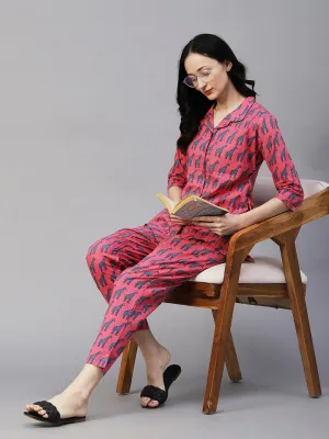 Animal Printed Shirt With Matching Pants Lounge Wear Set - Pink