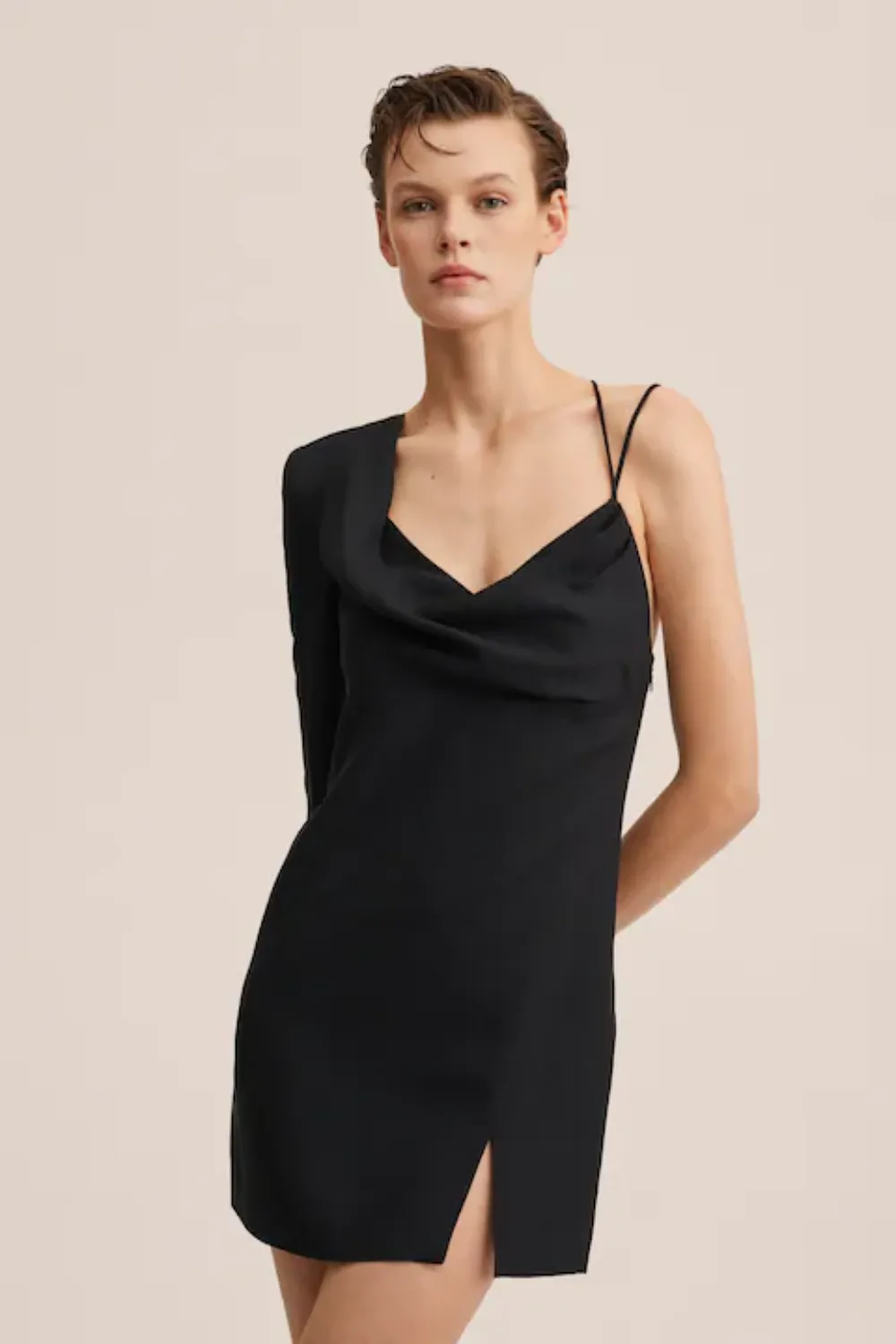 Asymmetric Neckline Short Slit Dress