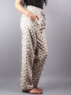 Beige Hand Block Printed Elasticated Waist Trousers- T0317005