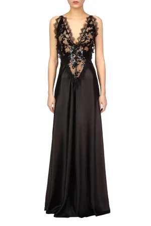 Black Silk Satin Dress With Sequin And Lace Trim Detail