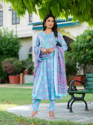 Blue Floral Print Anarkali Kurta Trouser And Dupatta Set