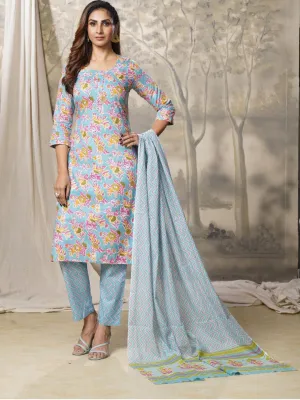 Blue Floral Printed Round Neck Dupatta Set