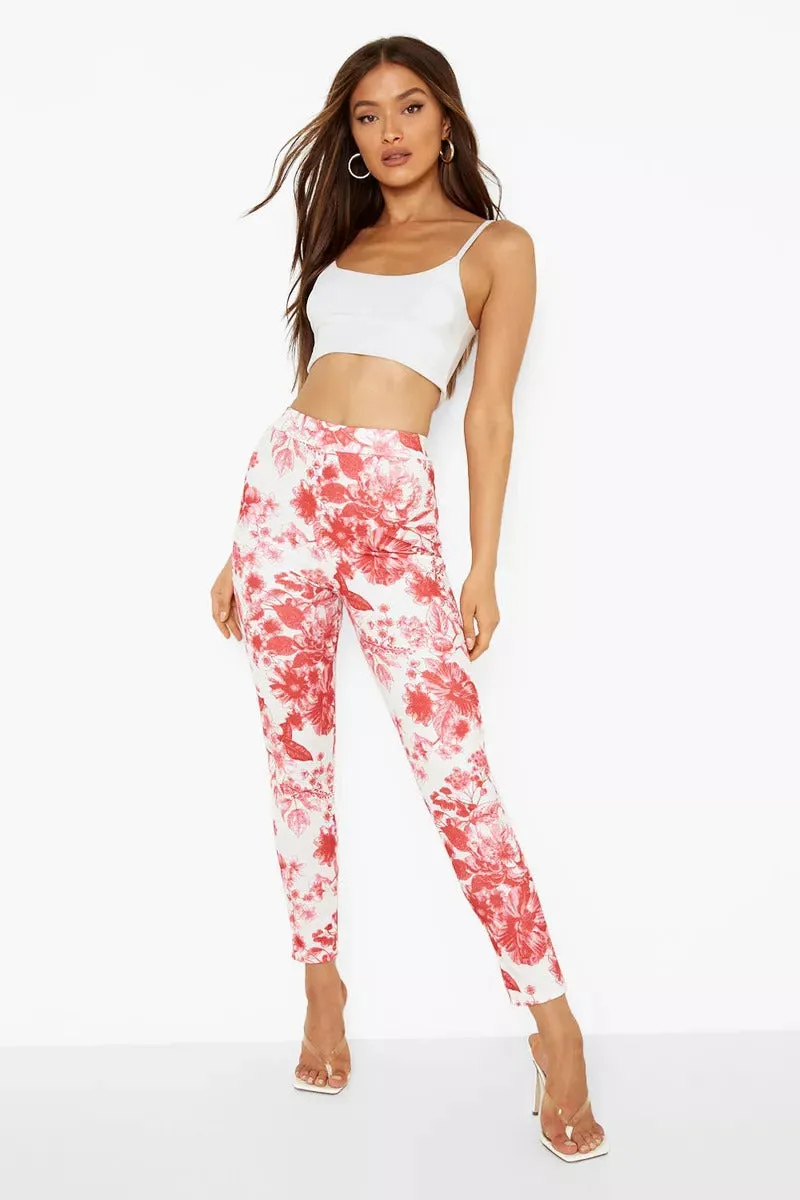 Boohoo Porcelain Red Print Skinny Ladies Trousers