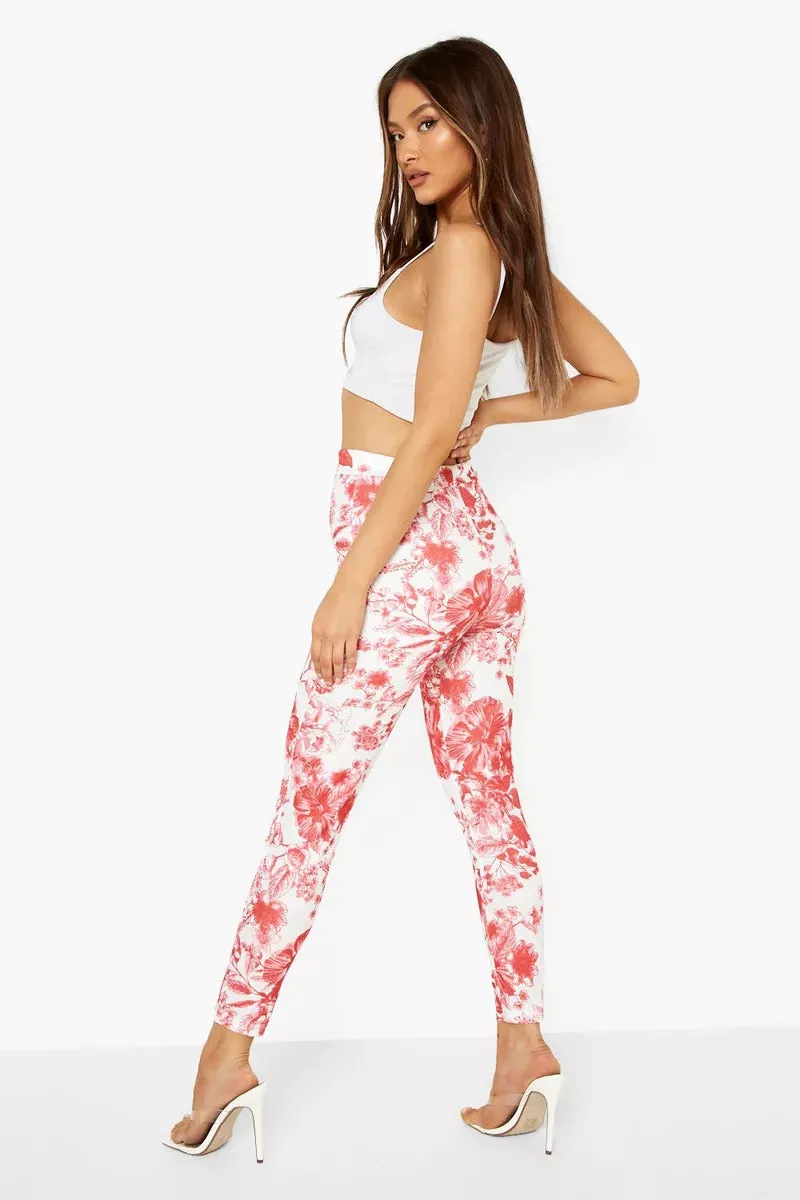 Boohoo Porcelain Red Print Skinny Ladies Trousers