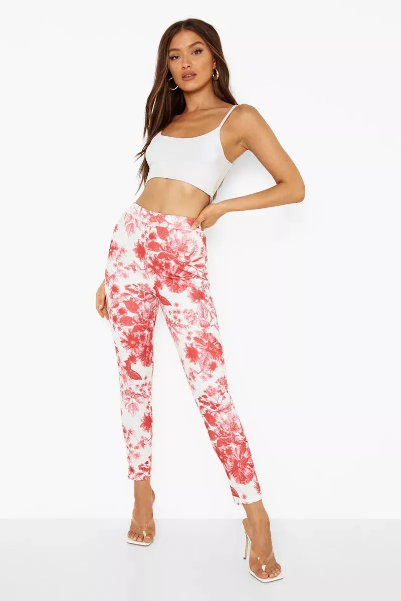 Boohoo Porcelain Red Print Skinny Ladies Trousers