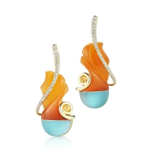 Carved Blue Topaz, Carnelian, Sapphire & Diamond Earrings