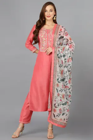 Coral Pink Silk Blend Straight Kurta Pant With Dupatta