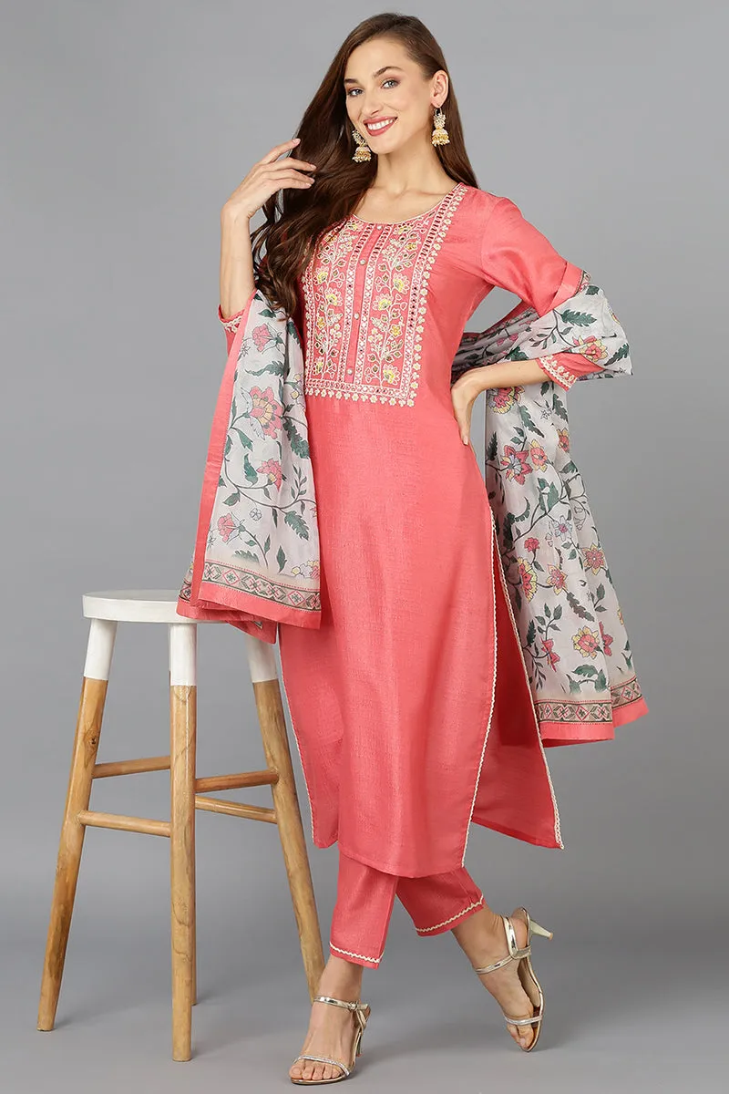 Coral Pink Silk Blend Straight Kurta Pant With Dupatta