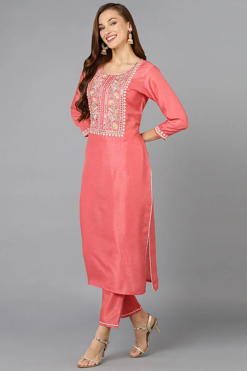 Coral Pink Silk Blend Straight Kurta Pant With Dupatta