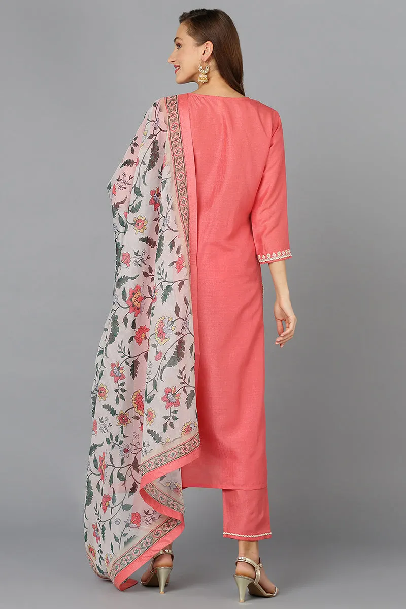 Coral Pink Silk Blend Straight Kurta Pant With Dupatta