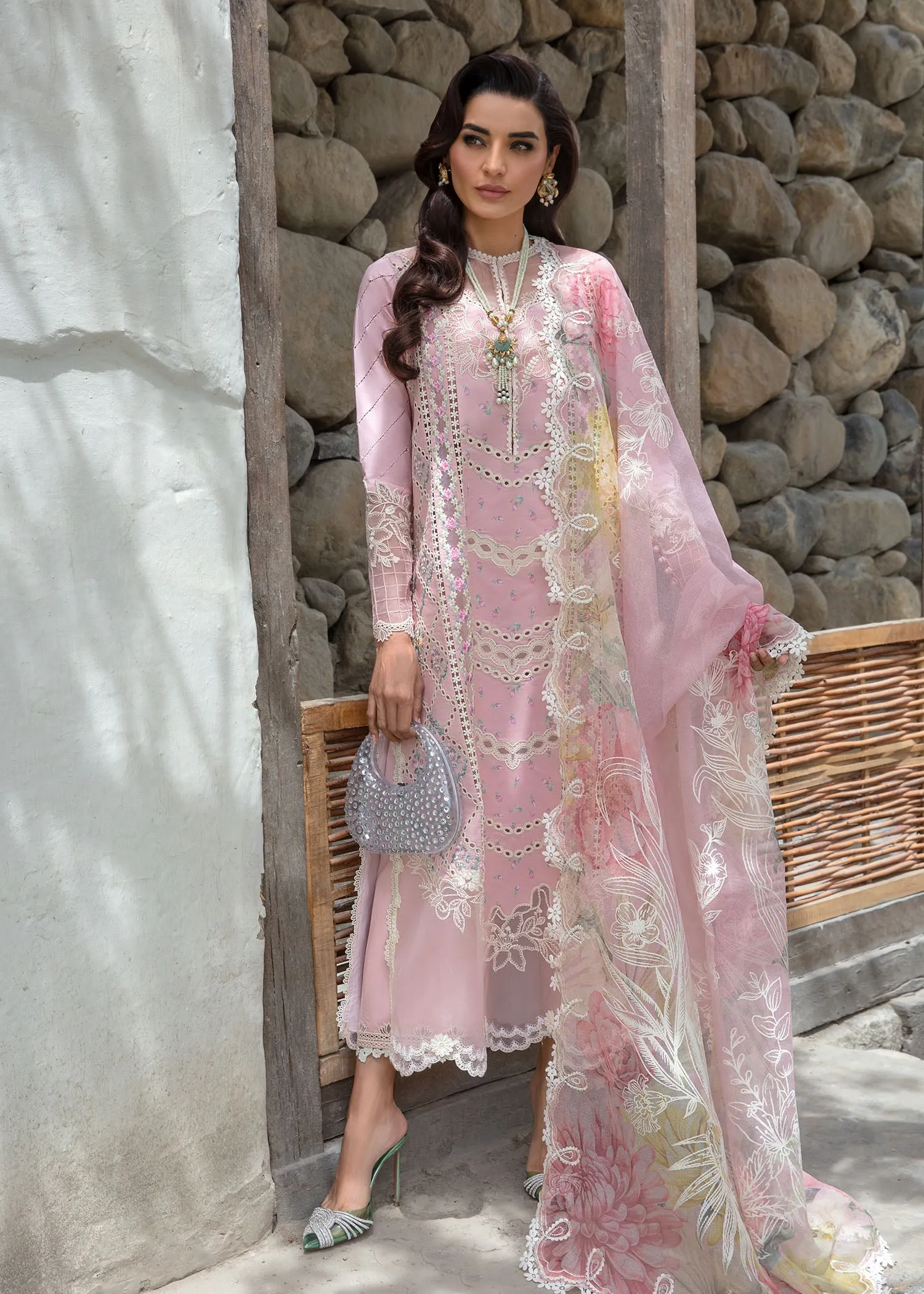 Crimson X Saira Shakira Luxury Lawn – A Floral Mesh - Rose Pink