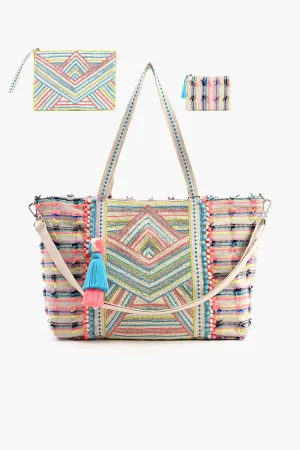 Embellished Tote with Pouch & Coin Neon