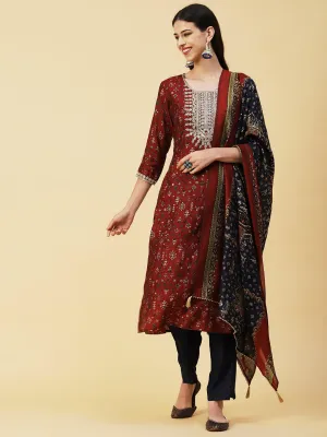 Ethnic & Abstract Printed Zari Dori & Sequins Embroidered Kurta With Pants & Dupatta - Maroon