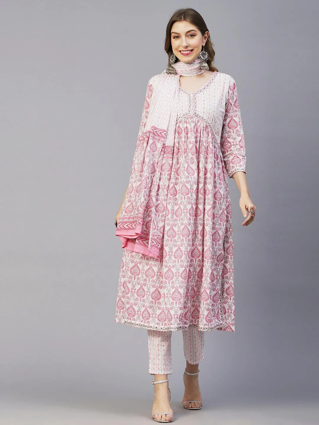 Floral Printed Mirror, Zari & Sequins Embroidered High Slit Kurta With Pants & Dupatta - White & Pink