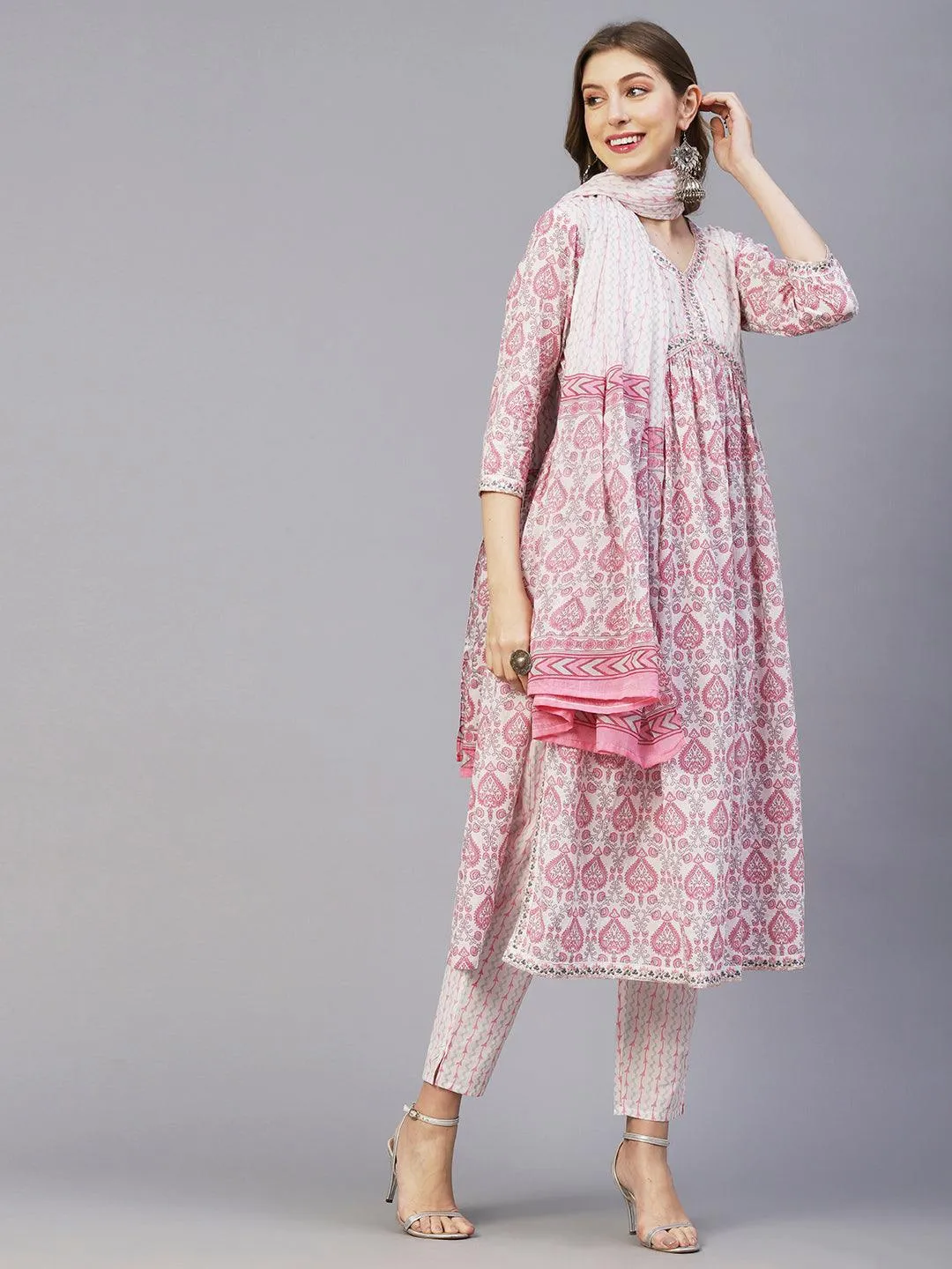 Floral Printed Mirror, Zari & Sequins Embroidered High Slit Kurta With Pants & Dupatta - White & Pink