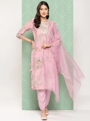 Floral Printed Regular Pure Silk Kurta With Trousers & With Dupatta