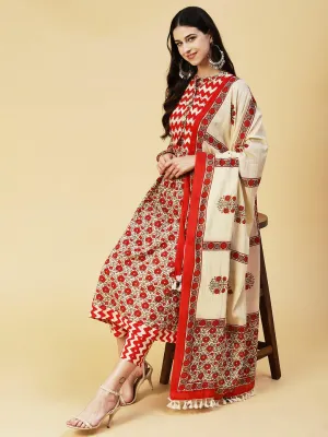 Floral Printed Resham & Sequins Ornamented Kurta With Pants & Dupatta - Cream & Red