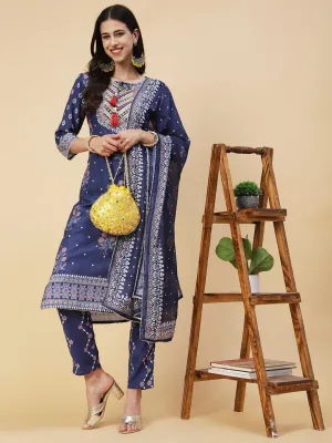 Floral Printed Zari & Resham Embroidered Kurta With Printed Pants & Dupatta - Blue