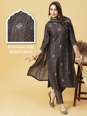 Geometric & Foil Printed Zari Embroidered Kurta With Pants & Dupatta - Charcoal Black