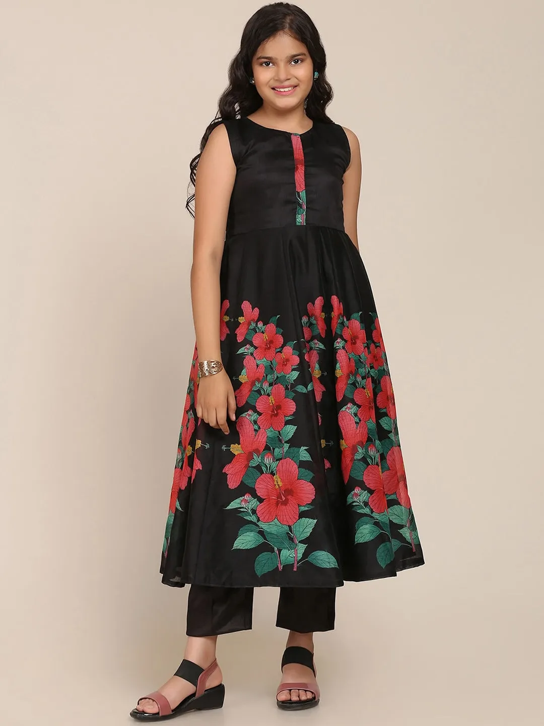 Girl's Black Floral Printed Pleated Kurta with Trousers & With Dupatta - NOZ2TOZ KIDS