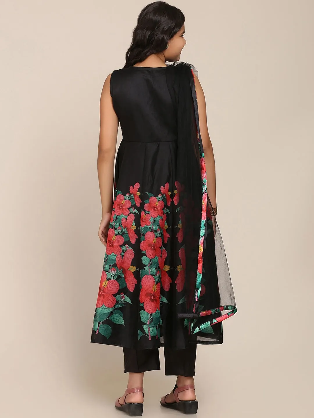 Girl's Black Floral Printed Pleated Kurta with Trousers & With Dupatta - NOZ2TOZ KIDS