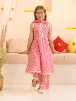 Girls Floral Printed Pure Cotton Kurta With Trousers With Dupatta - Ps Peaches