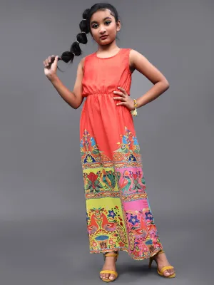 Girl's Orange & Pink Abstrac Printed Maxi Dress - Aks Girls