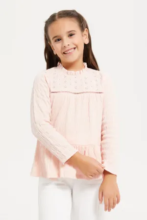 Girls Pink Embellished Long Sleeves Frills Top