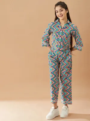 Girls Printed Pure Cotton Shirt With Trousers - Ps Peaches