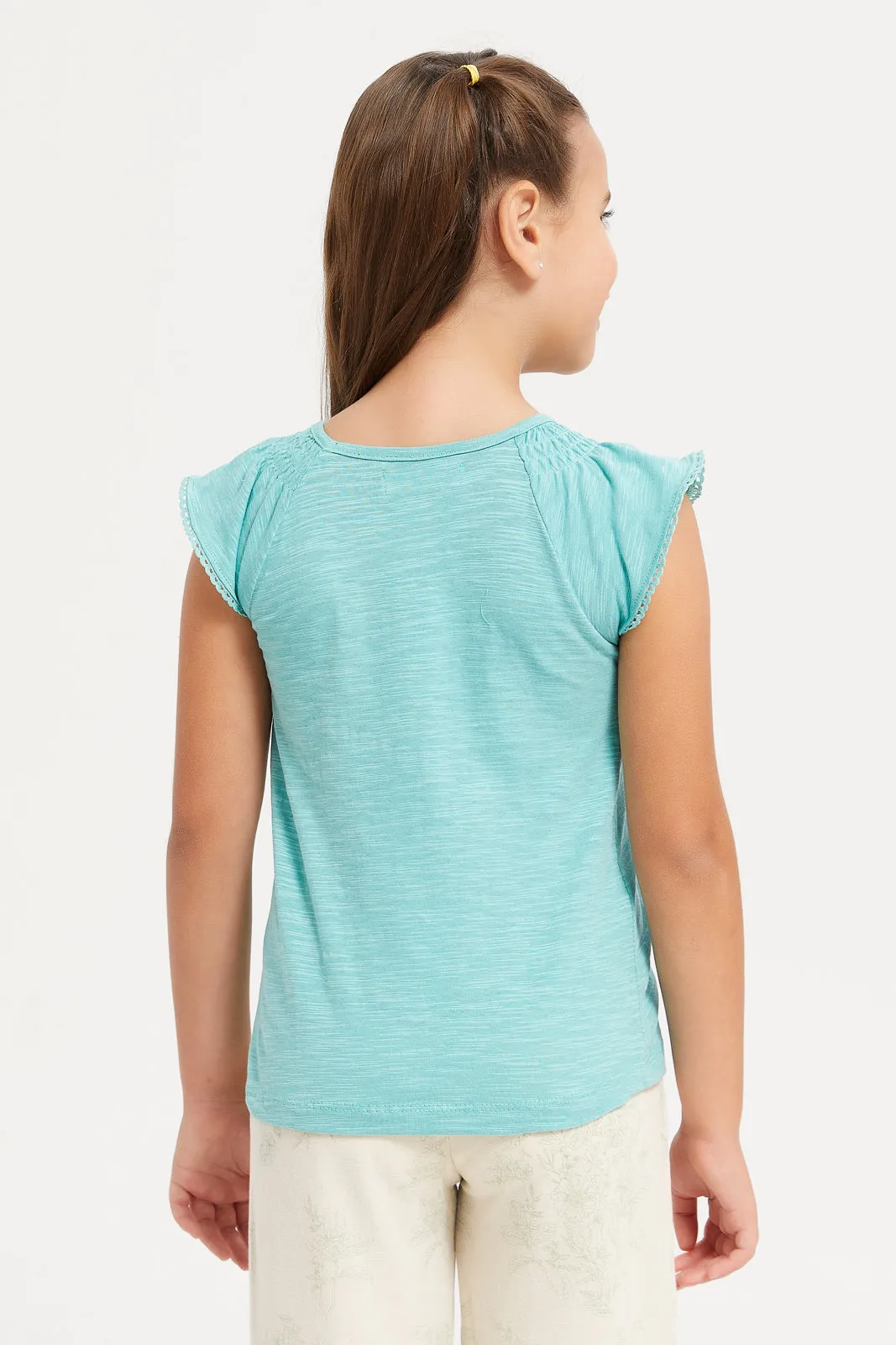 Girls Teal Embellished Frilled Short Sleeves Top