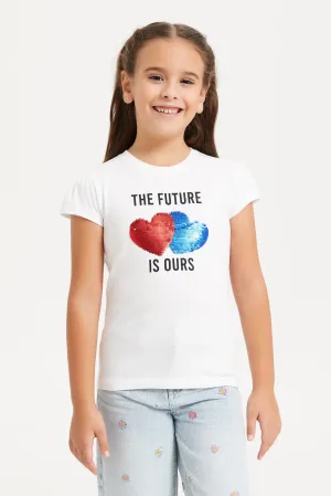 Girls White Heart Sequins T-Shirt