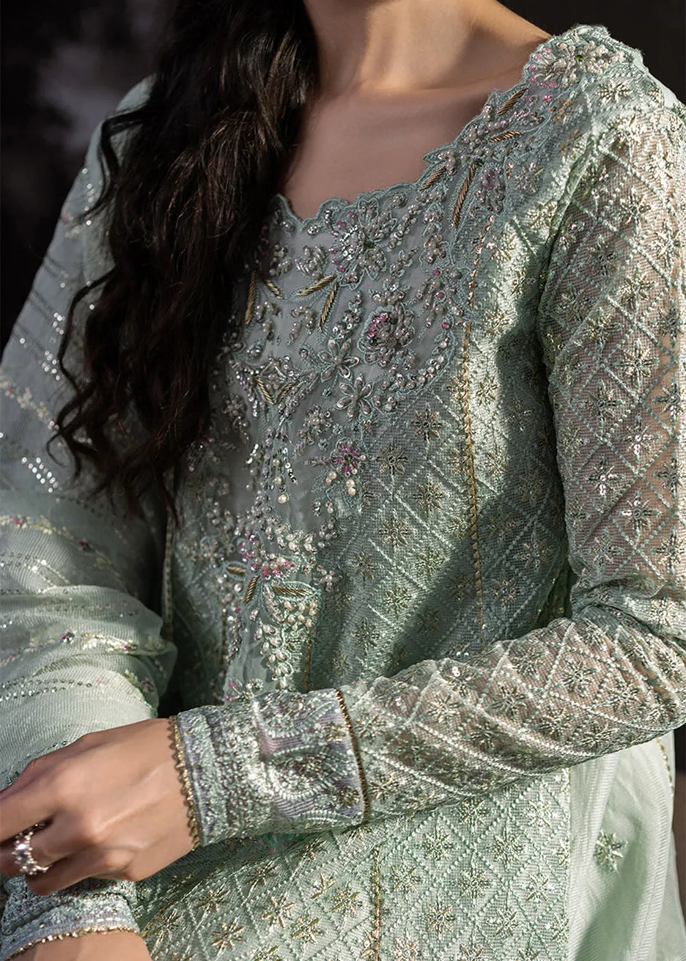 Green Organza Net Pakistani Suit | Mushq | Qala Kamdaani | Haniya