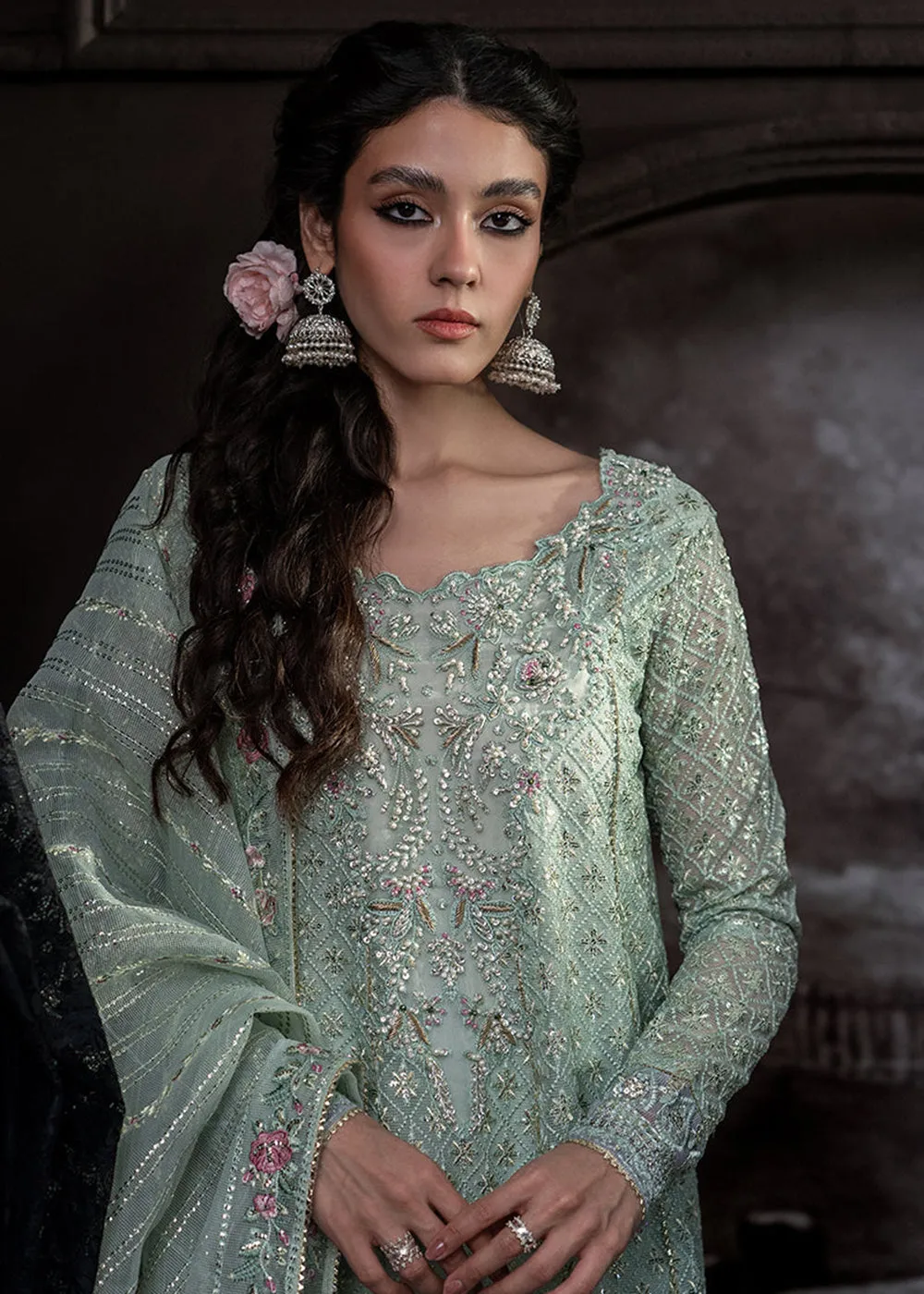 Green Organza Net Pakistani Suit | Mushq | Qala Kamdaani | Haniya