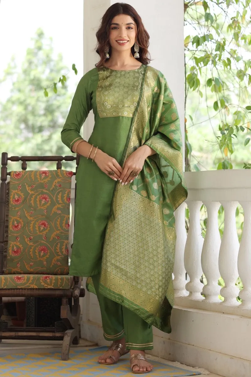 Green Poly Silk Solid Straight Suit Set