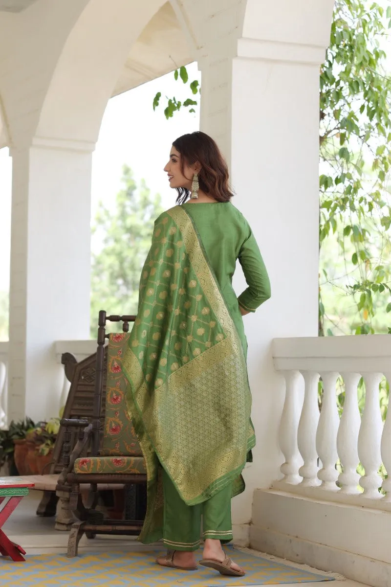 Green Poly Silk Solid Straight Suit Set