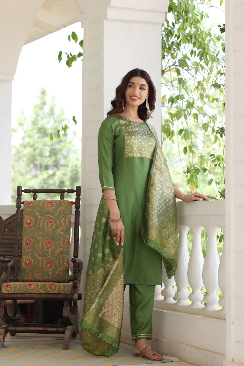 Green Poly Silk Solid Straight Suit Set