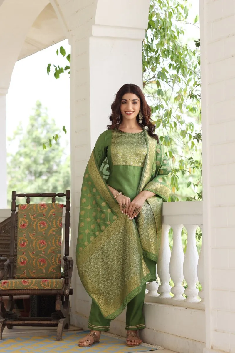 Green Poly Silk Solid Straight Suit Set