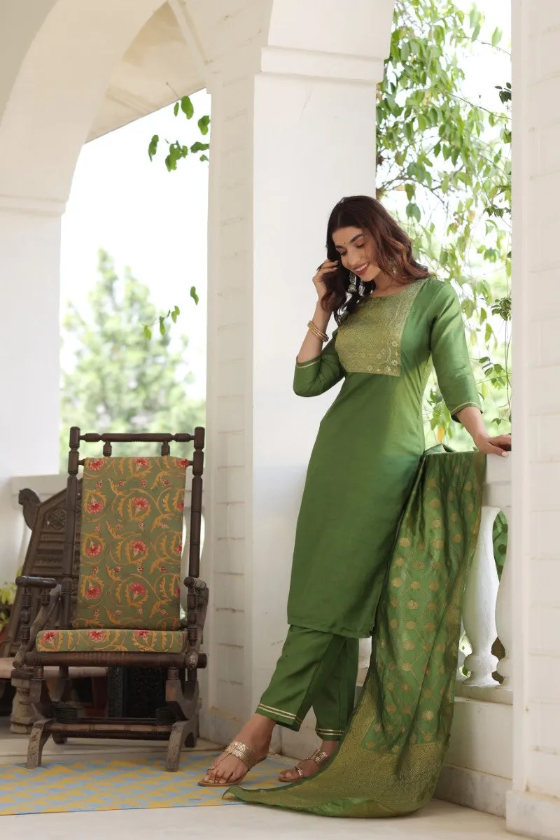 Green Poly Silk Solid Straight Suit Set