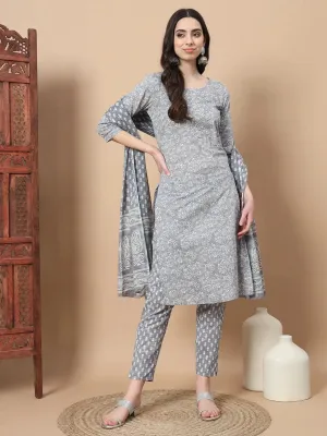 Grey Floral,Thread_Work Straight Kurta Trouser And Dupatta Set