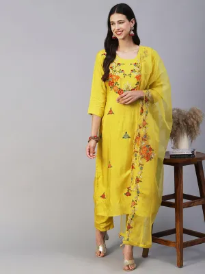 Hand Painted Resham & Sequins Embroidered Kurta With Pants & Hand Painted Dupatta - Yellow