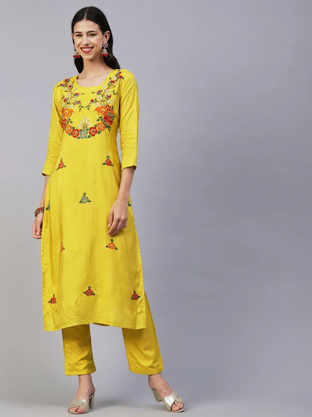 Hand Painted Resham & Sequins Embroidered Kurta With Pants & Hand Painted Dupatta - Yellow