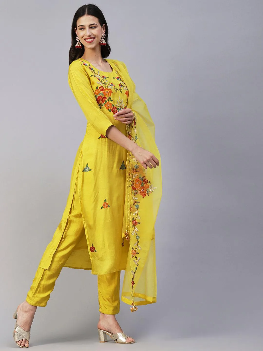 Hand Painted Resham & Sequins Embroidered Kurta With Pants & Hand Painted Dupatta - Yellow