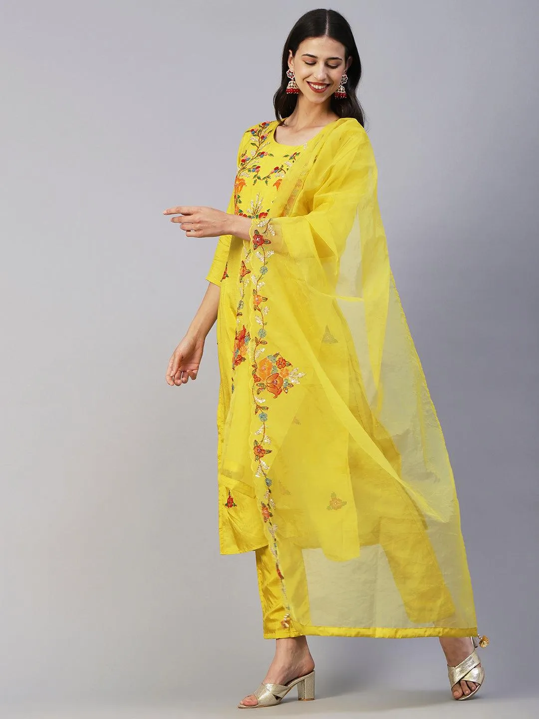 Hand Painted Resham & Sequins Embroidered Kurta With Pants & Hand Painted Dupatta - Yellow