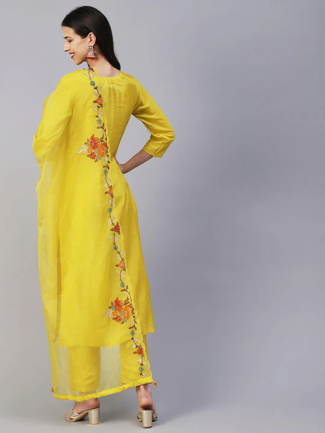 Hand Painted Resham & Sequins Embroidered Kurta With Pants & Hand Painted Dupatta - Yellow