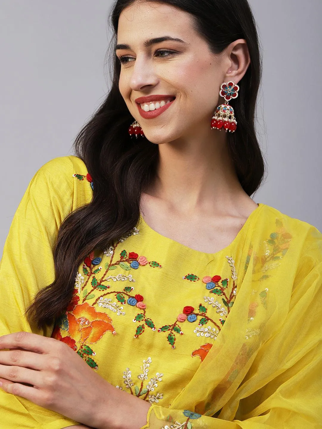 Hand Painted Resham & Sequins Embroidered Kurta With Pants & Hand Painted Dupatta - Yellow