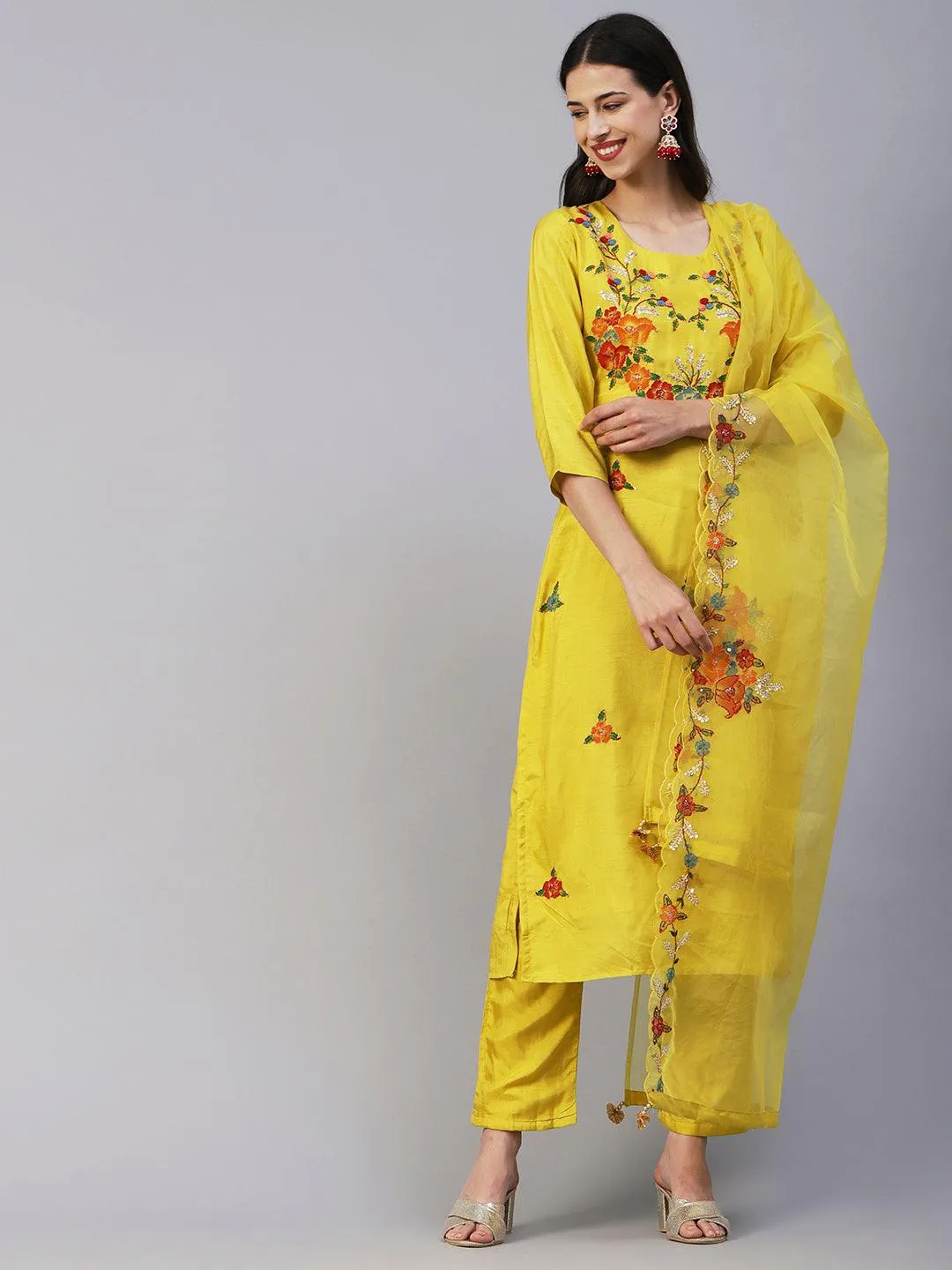 Hand Painted Resham & Sequins Embroidered Kurta With Pants & Hand Painted Dupatta - Yellow