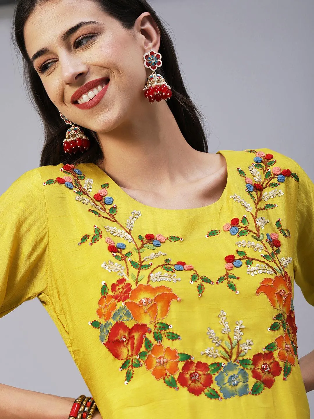 Hand Painted Resham & Sequins Embroidered Kurta With Pants & Hand Painted Dupatta - Yellow